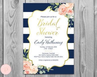 May include: A navy blue and white striped bridal shower invitation with gold lettering. The invitation features a floral design with peach and white flowers and green leaves. The text on the invitation reads "Please join us for a Bridal Shower honoring Emily Hathaway".