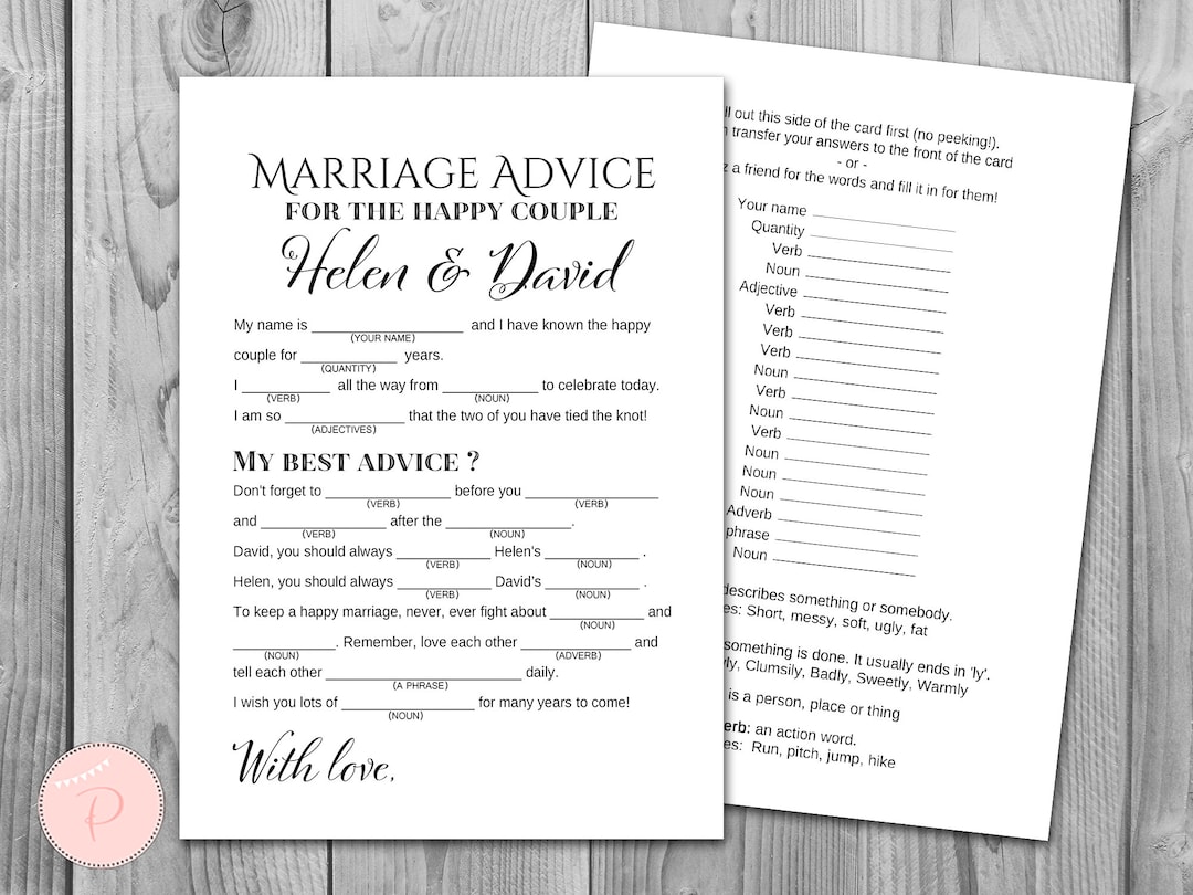 Marriage Advice Cards, Wedding Mad Libs, Printable Wedding Game, Wedding Game Printable, Wedding ...