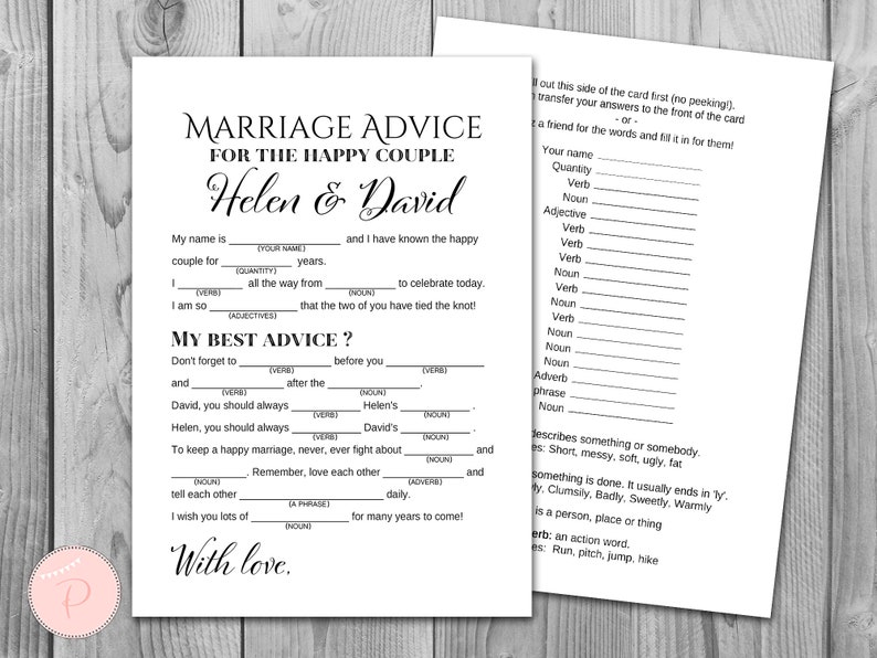 Marriage Advice Cards Wedding Mad Libs Printable Wedding Etsy