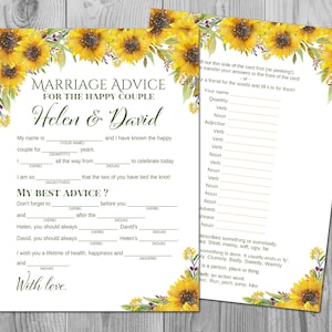 Cartes de conseil de mariage de tournesol, cartes de conseil de mariage, libs fous de mariage, libs fous de douche nuptiale, libs fous de mariée, conseil de lib fou TH80