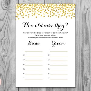 Gold Wie alt waren sie, Wie alt war die Braut und der Bräutigam, Ratet mal das Alter, Coed Wedding Shower Game, Bridal Shower Gamea, Printable Game TH22