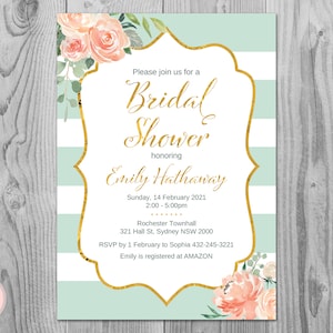 Mint Gold Personalized Elegant Wedding Invitations, Bridal shower invitation, Baby Shower, Bridal Brunch Invite, Engagement Invite TH73.1