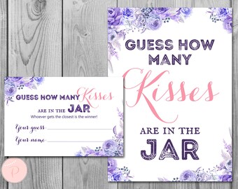 Purple Blue Floral Guess How Many Kisses, Magenta Bridal Shower Games, Purple Floral Bridal Shower Guessing Game, Bachelorette game, TH53 dd