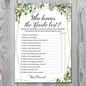 Greenery Who knows the bride best, How well do you know the Bride shower game, bachelorette Game, Bridal Shower Games TH93 v2