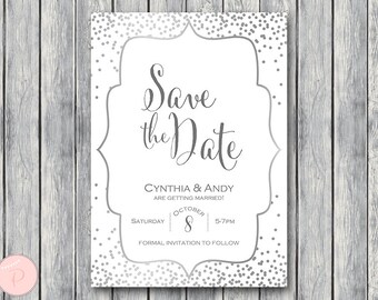 Silver Save The Date Wedding Invitation, Silver Invitation Printable, Bridal Shower Invitation, Wedding InvitationTG00 WS51