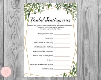 Greenery Scattergories Bridal Shower Game, Scattergories Wedding shower game, Bridal shower activity, Printable Game TH93