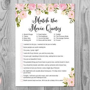 Peonies Movie Matching Game, Famous Love Quote Movie Game, Bridal shower games, Bridal shower activity, Printable Game WD67 TH13
