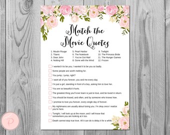 Pode incluir: Um cartão de jogo imprimível com uma borda floral rosa e o texto "Match the Movie Quotes". O cartão apresenta uma lista de 12 filmes populares e suas citações correspondentes.