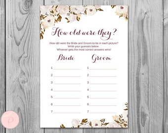 How old were they, How old was the Bride Groom, Guess the Ages, Coed Bridal Shower game, Bridal shower Game, Printable wd99 game TH41