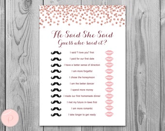 Rose Gold He Said She Said Bridal Shower game, Who Said the Phrase Game, Bridal shower game, activity, Printable Game TH68