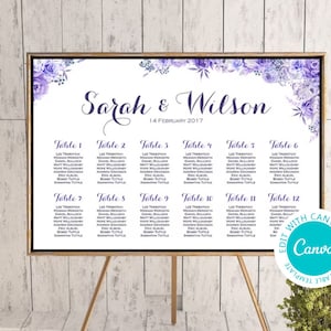 Editable Lavender Purple Wedding Seating Chart, Purple Find your Seat Chart, Wedding Seating Poster, Seating Sign, Digital File TH53 canva