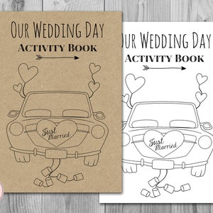 K&ouml;nnte beinhalten: Ein druckbares Hochzeits-Aktivit&auml;tsbuch mit einer Schwarzwei&szlig;illustration eines Autos, das mit Herzen und den Worten "Just Married" verziert ist. Der Titel des Buches lautet "Our Wedding Day Activity Book".