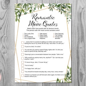 Greenery Romantic Movie Matching Game, Famous Love Quote Movie Game, Bridal shower games, Bridal shower activity, Printable Game TH93