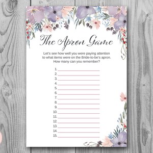 Purple Floral The Apron Game Wedding Shower Game, Memory Game, Wedding Shower Activity and Games, Apron game TH71