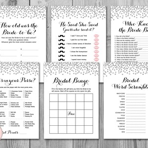 May include: A set of printable bridal shower games with a silver glitter background. The games include "How old was the bride-to-be?", "He Said She Said", "Who Knows the Bride Best?", "What's in your Purse?", "Bridal Bingo", and "Bridal Word Scramble".