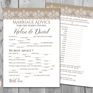 Burlap - Cartes de conseils de mariage de dentelle, cartes de conseils de mariage, mariage Mad Libs, mariée douche Mad Libs, Bridal Mad Libs cartes de conseils TH79