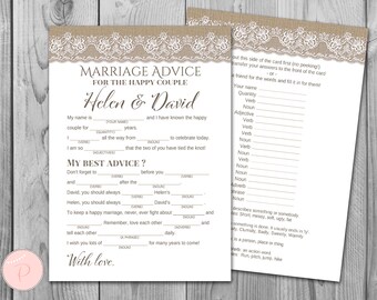 Burlap & Lace Ehe Ratkarten, Ehe Beratung Karten, Hochzeit Mad Libs, Braut Dusche Mad Libs, Braut Mad Libs Beratung Karten TH79