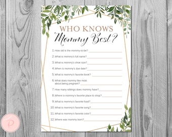 Greenery Who Knows Mommy Best, How Well Do You Know Mommy, Baby Shower Game, Rustic Baby Shower, Country Baby Shower, Baby Shower Ideas TH93