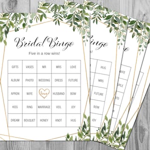 50 tarjetas de bingo de despedida de soltera Greenery, tarjetas de bingo de despedida de soltera precargadas, bingo de novia, tarjetas de bingo de ducha de parejas, imprimibles instantáneamente TH93