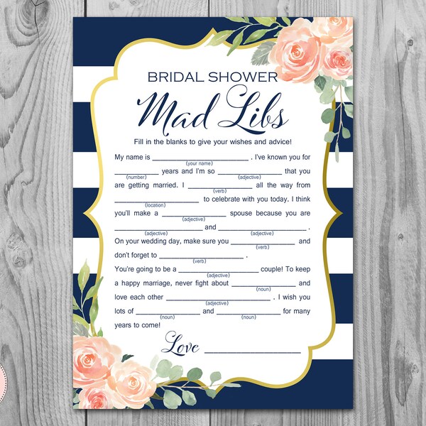 Navy Gold Bridal Shower Mad Libs, Marriage advice cards, Wedding Mad Libs, Bridal Shower Mad Libs, Mad Libs, Mad lib advice card TH74