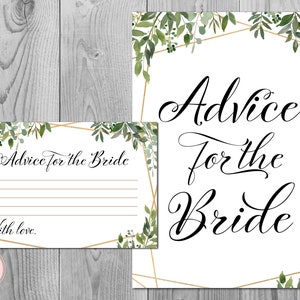 Greenery Advice for the Bride Card & Sign, Printable Advice Cards, Bridal shower Games Printable, Instant Download TH93