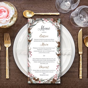 Navidad, Navidad, Menú invierno, Menú Piña, Menú Personalizado, Menú de boda imprimible, Plantilla de menú de bodas, Menú de nieve TH58 WM167