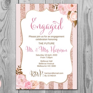 Rose Gold and Pink Printable Engagement Party Invitation, Personalized Invitation, Wedding Invitation, Pink Floral, WD90 TH55