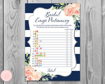 Op de afbeelding: Een printbaar bruidsdouchespel met een blauw-wit gestreepte achtergrond. Het spel heet "Bridal Emoji Pictionary" en vraagt ​​spelers om de woorden en zinnen te raden die met emoji's zijn geschreven. Het spel bevat 15 emoji-hints en een ruimte om juiste en onjuiste antwoorden te noteren.