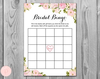 May include: A white Bridal Bingo game card with a floral design in pink and green. The card has a grid for filling in gift items and the word "love" inside a heart. The text "Bridal Bingo" is at the top.