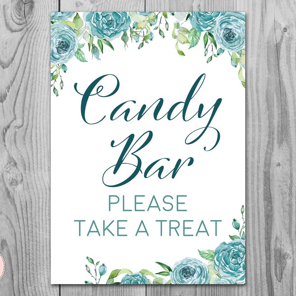 Teal Floral Candy Bar Sign, Instant Download, Wedding Dessert Bar Sign, Wedding Sign, Engagement Party Candy bar, Table Signs TH77