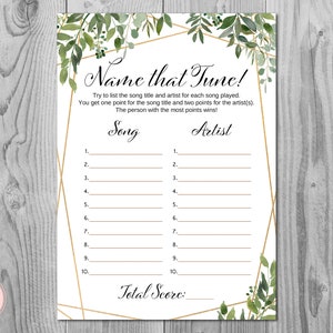 Greenery Name That Tune Game, Guess the Song, Guess the Artist, Music, Bridal Shower game, Baby Shower Games, Wedding Shower TH93