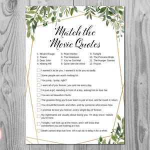Greenery Movie Matching Game, Famous Love Quote Movie Game, Bridal shower games, Bridal shower activity, Printable Game TH93