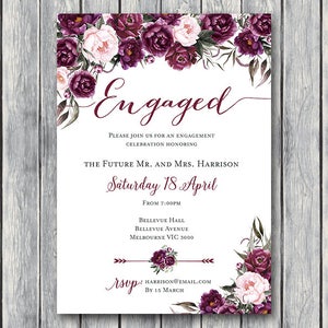 Marsala Floral Printable Engagement Party Invitation, Invitation personnalisée, Invitation de mariage imprimable, Douche Inviter TH86