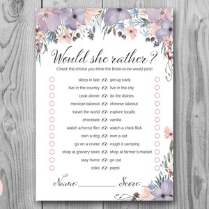 Purple Floral Would SHE rather bridal shower game, Who knows the Bride-to-be Best, Bridal Shower Games, Games Download TH71