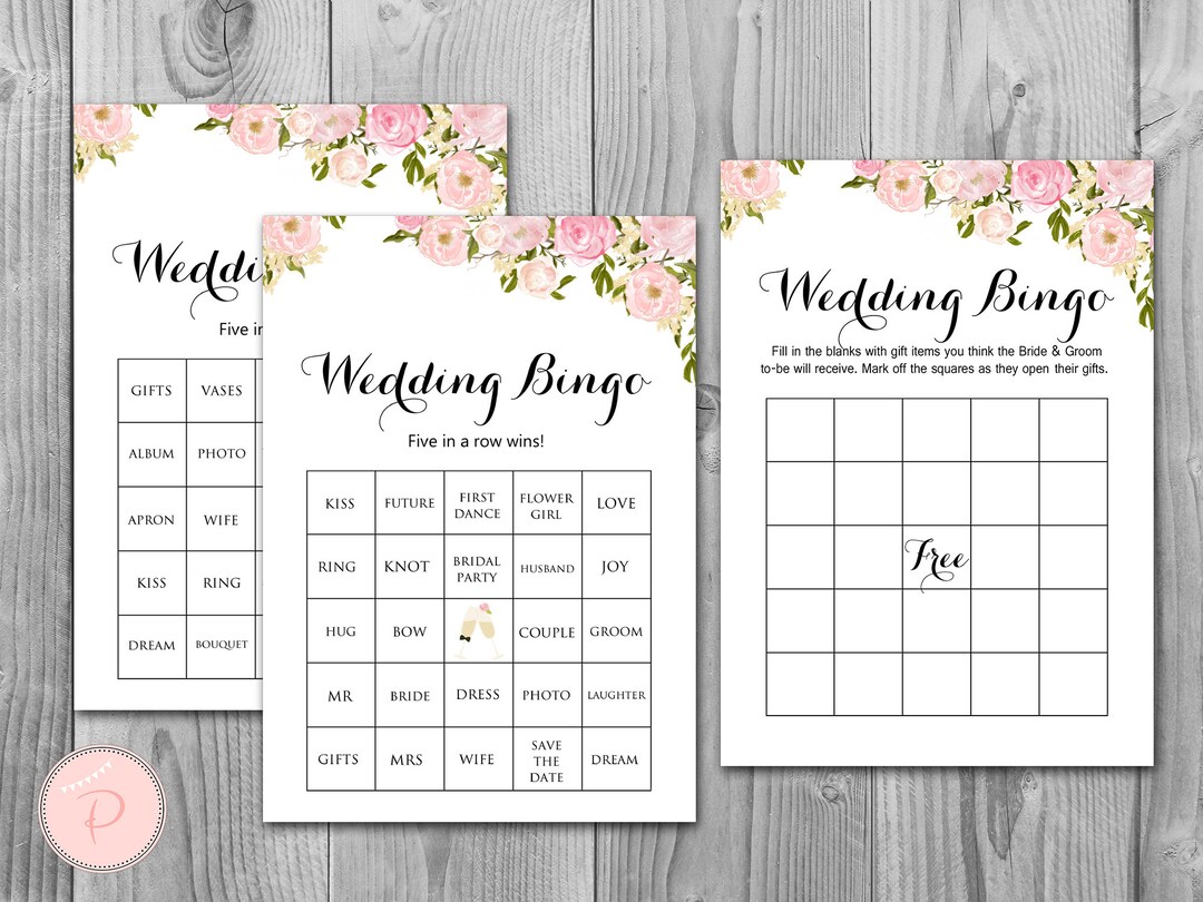 50 Pink Wedding Shower Bingo Cards, Prefilled Bridal Shower Bingo Cards
