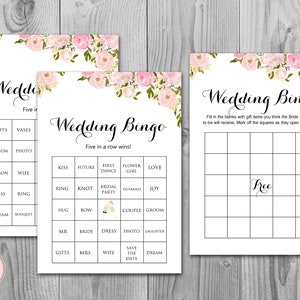 50 tarjetas de bingo de ducha de boda rosa, tarjetas de bingo de despedida de soltera precargadas, bingo de artículos de regalo, tarjetas de bingo de ducha de parejas, imprimibles WD67 TH18