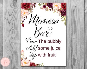 Marsala Floral Mimosa Bar Sign, Bubbly Bar Sign, with Juice Tags, Printable Sign, Wedding Decoration Sign, Bridal Shower Decoration TH99