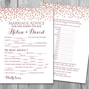 Rose goud confetti huwelijk advies kaarten, bruiloft mad libs, afdrukbare bruiloft spel, bruiloft activiteiten, afdrukbare spel TH68