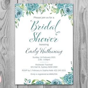 Teal Floral Personalized Elegant Wedding Invitations, Bridal shower invitation, Baby Shower, Personalized Wedding Invitation TH77