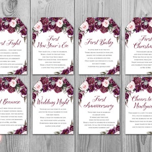 Marsala Milestone Wedding Tags, Wine Tag Firsts, mijlpaal wijnetiketten bruiloft, huwelijk mijlpaal label, huwelijkscadeau voor paar TH86