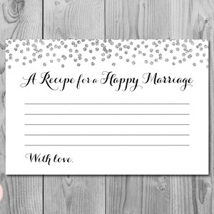 シルバー 幸せな結婚のためのレシピ 印刷可能なカード、ウェディング シャワー、ブライダル シャワー ゲーム、ブライダル シャワー アクティビティ、印刷可能なゲーム TH63