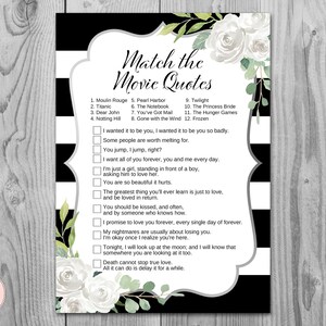 Silver White Floral Movie Matching Game, Famous Love Quote Movie Game, Bridal shower game, Bridal shower activity, Printable Game TH81