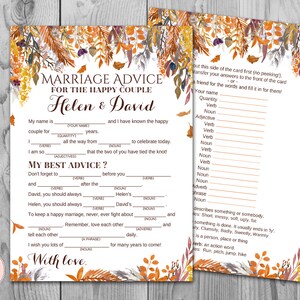 Val herfst huwelijk advies kaarten, huwelijk advies kaarten, bruiloft mad libs, bruids douche mad libs, MadLibs, Mad lib advies kaart WD84 TH47