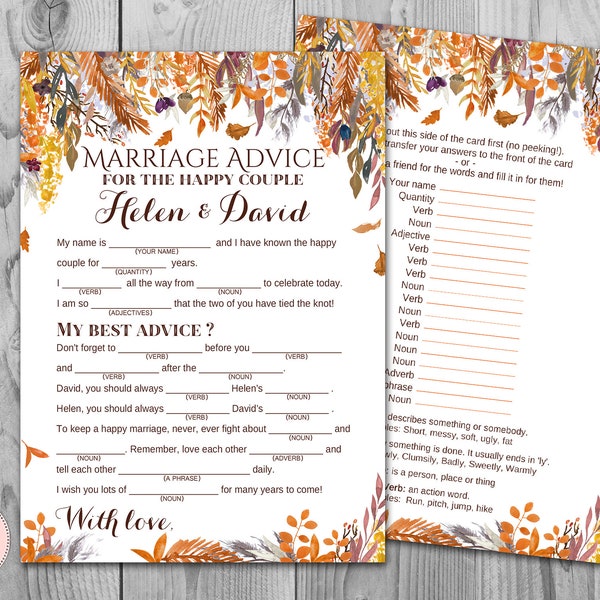 Fall Autumn Marriage advice cards, Marriage advice cards, Wedding Mad Libs, Bridal Shower Mad Libs, MadLibs, Mad lib advice card WD84 TH47