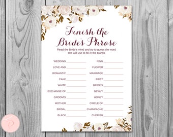 Finish the Bride's phrase game, Complete the phrase , Bridal shower game, Bridal shower activity, Printable Game wd99 game TH41