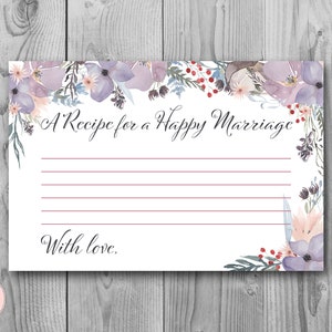 パープル 幸せな結婚のためのレシピ 印刷可能なカード、ウェディング シャワー、ブライダル シャワー ゲーム、ブライダル シャワー アクティビティ、印刷可能なゲーム TH71