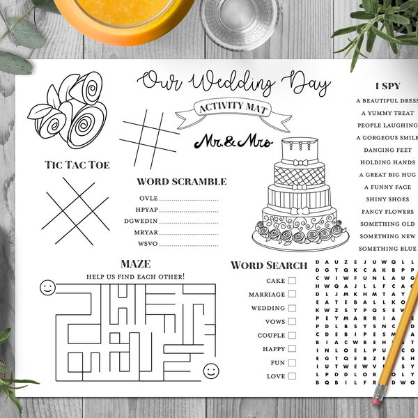 Wedding Kids Activity and Coloring Mat, Wedding Kids Table Activities, Wedding Coloring Mat, Childrens Game Printable, Kids Maze TG08