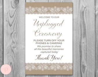 Burlap Lace Unplugged Ceremony Sign, No phones or cameras, Turn off phones, Unplugged Wedding Signage, Wedding decoration sign TH79