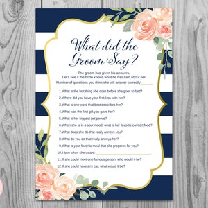Navy Gold What did the Groom Say Game, What did groom say about Bride, How well couple know each other, Couples shower Game TH74