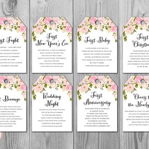 Peonies Wine Tag Firsts, milestone wine labels wedding, Milestone Wedding Tags, marriage milestone labels, wedding gift for couple WD67 TH13